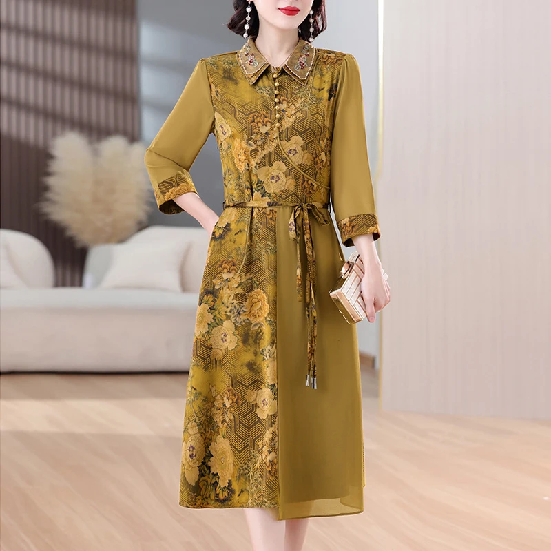 2024 Autumn New Silk Retro Printed Cheongsam Long Sleeve Dress for Women Polo Collar Mother's Clothing Knee length Long Dress