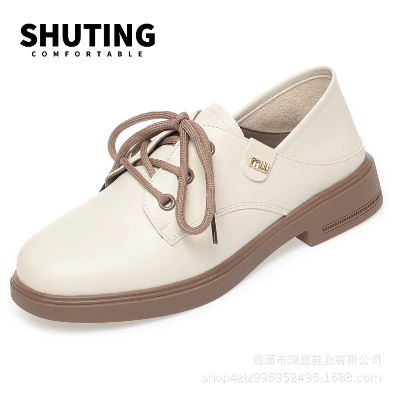 2024 Comfortable Fashion Woman Lace-Up Sneakers Solid Soft Leather Soft Sole Mid Heel Loafers Office Dress Single Shoes