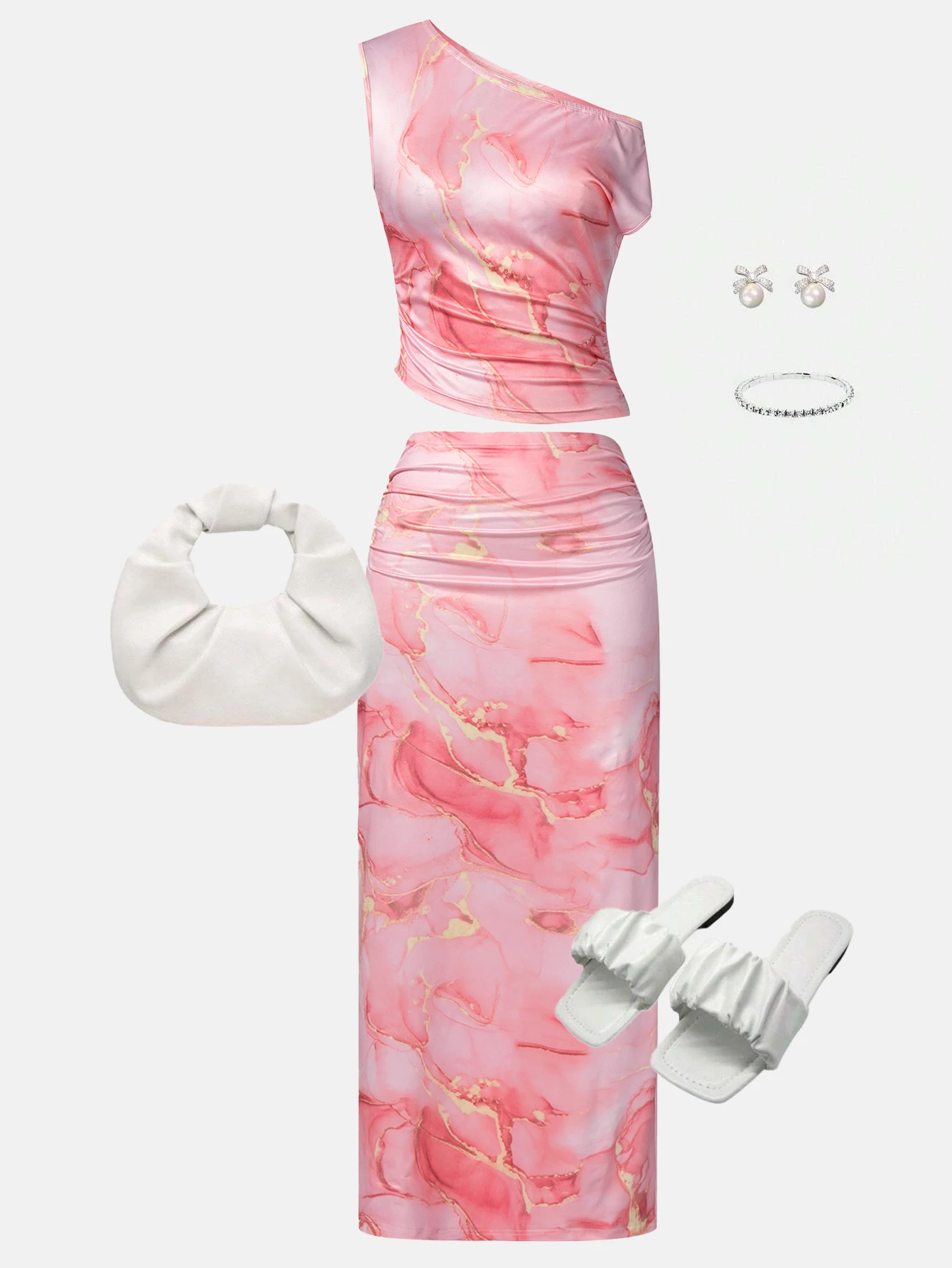 

Женский комплект из двух предметов: топ на одно плечо без рукавов с розовым мраморным принтом и плиссированная юбка миди. Эластичный, для гламурного летнего отдыха, свиданий и вечеринок.