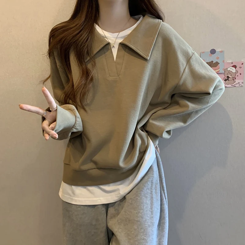 Fashion Lapel Spliced Fake Two Pieces Sweatshirts Female Clothing 2024 Autumn Winter New Loose Korean Tops Casual Sweatshirts