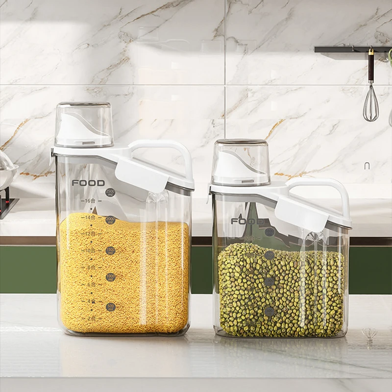 Airtight Cereal Storage Container, 1600/2000/2800ml Grain Dispenser with Measuring Cup for Rice, Beans and Dry Food