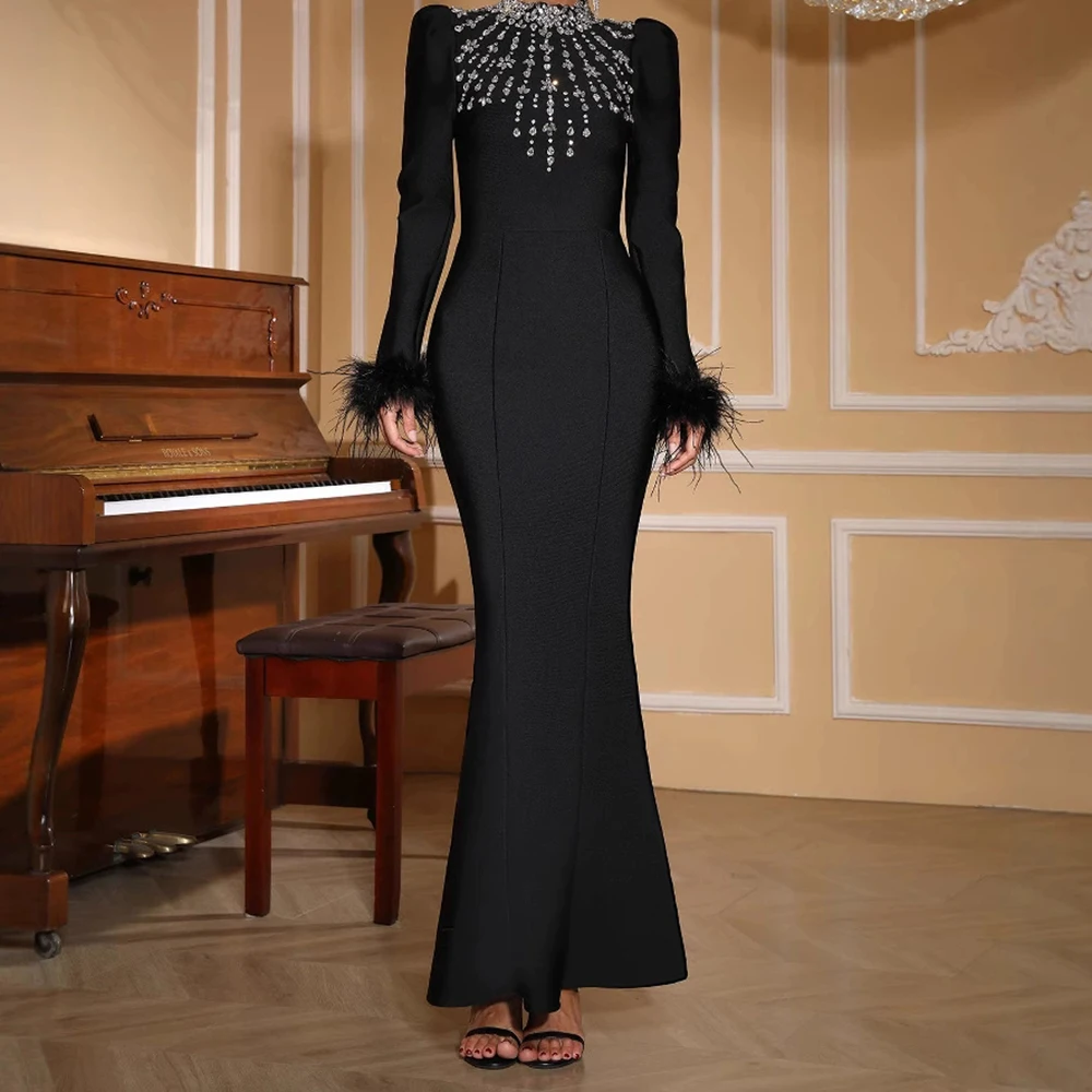 

Hot-selling bandage long-sleeved feather mermaid dress with diamond embellishment, slim-fitting evening dress-GZXX819