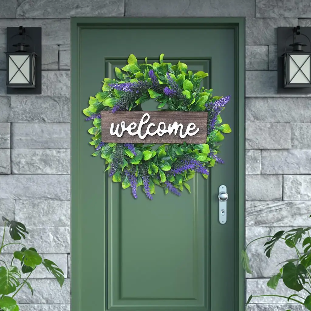 Lavender Wreath Welcome Sign for Front Door Rustic Wooden Door Hanger Artificial Eucalyptus Garland for Home Wedding Farmhouse