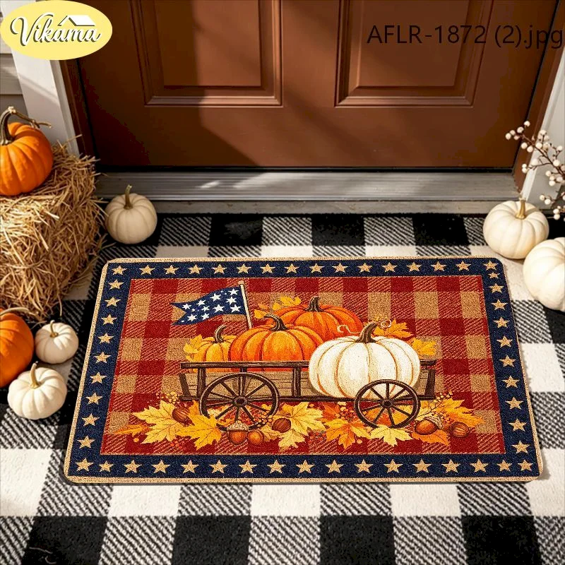 VIKAMA Fall Pumpkin Cart Buffalo Plaid Door Mat Floor Mat Front Door Non Slip Washable Welcome For Home Decor