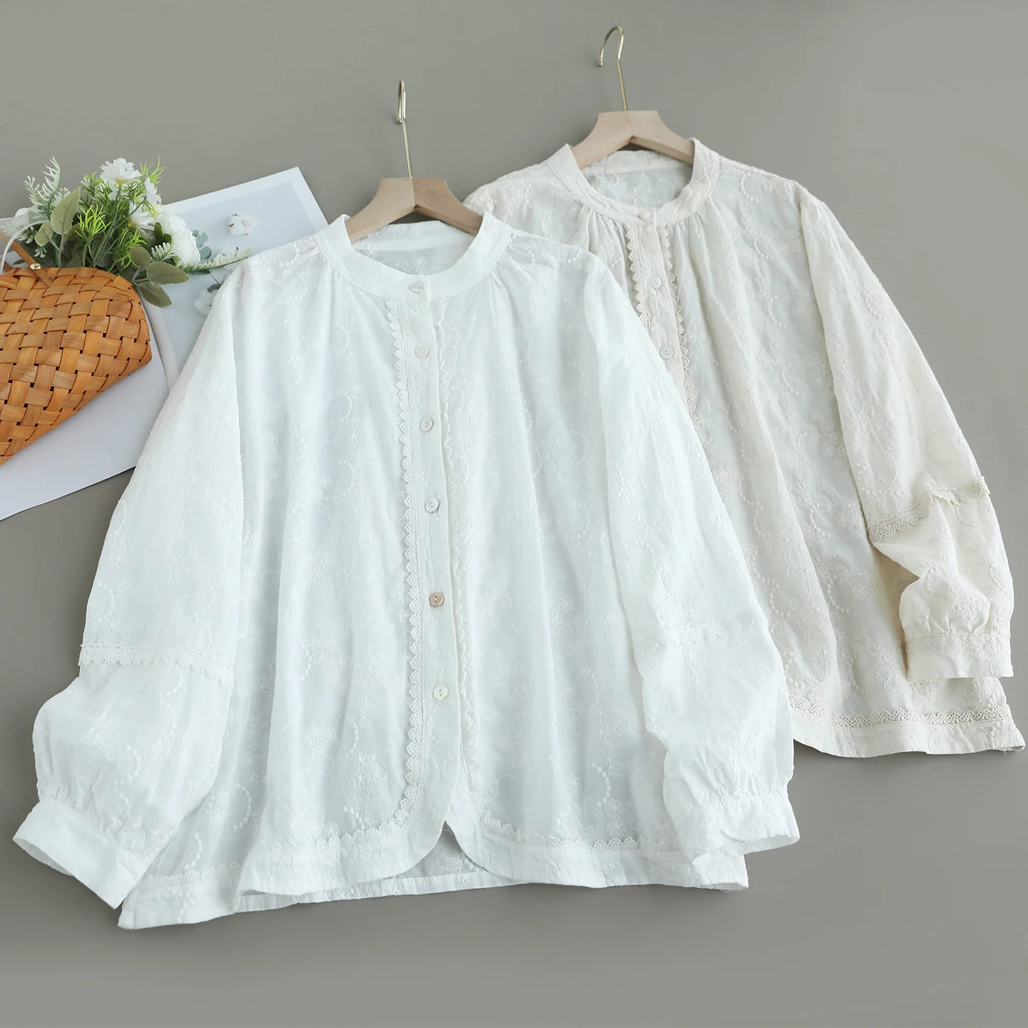 

Japanese Sweet Mori Girl Solid Color Embroidery Cotton Shirts Women Autumn Stand Collar Long Puff Sleeve Casual Loose Blouse Top