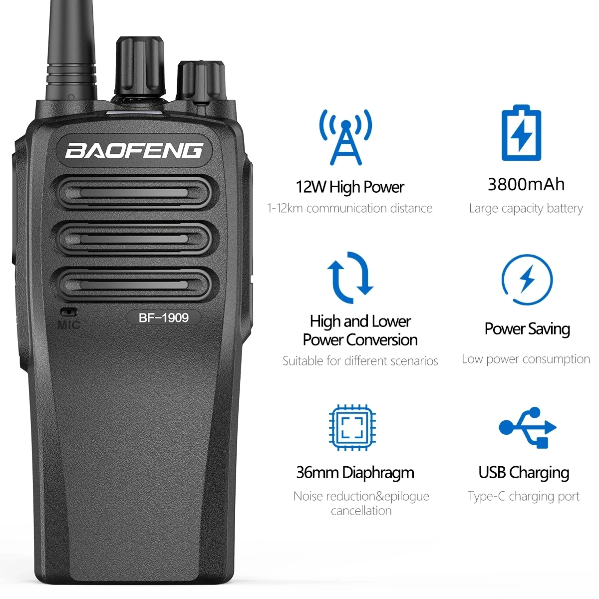 BAOFENG 1909 This 12W High-Power Walkie-Talkie Is Easy To Use And Features A 3800Mah Battery For Long Battery Life.