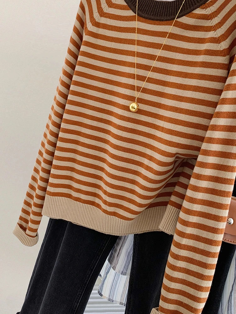 Casual Women\'s Stripe Knit Sweater Autumn New O-Neck Loose Retro Elegant Korean Basic Pullover Trend Office Lady Top