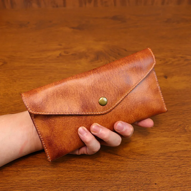 Handmade Genuine Leather Envelope Wallet for Women Vegetable Tanned Slim Clutch Phone Purse, Ladies Card Holder Pouch