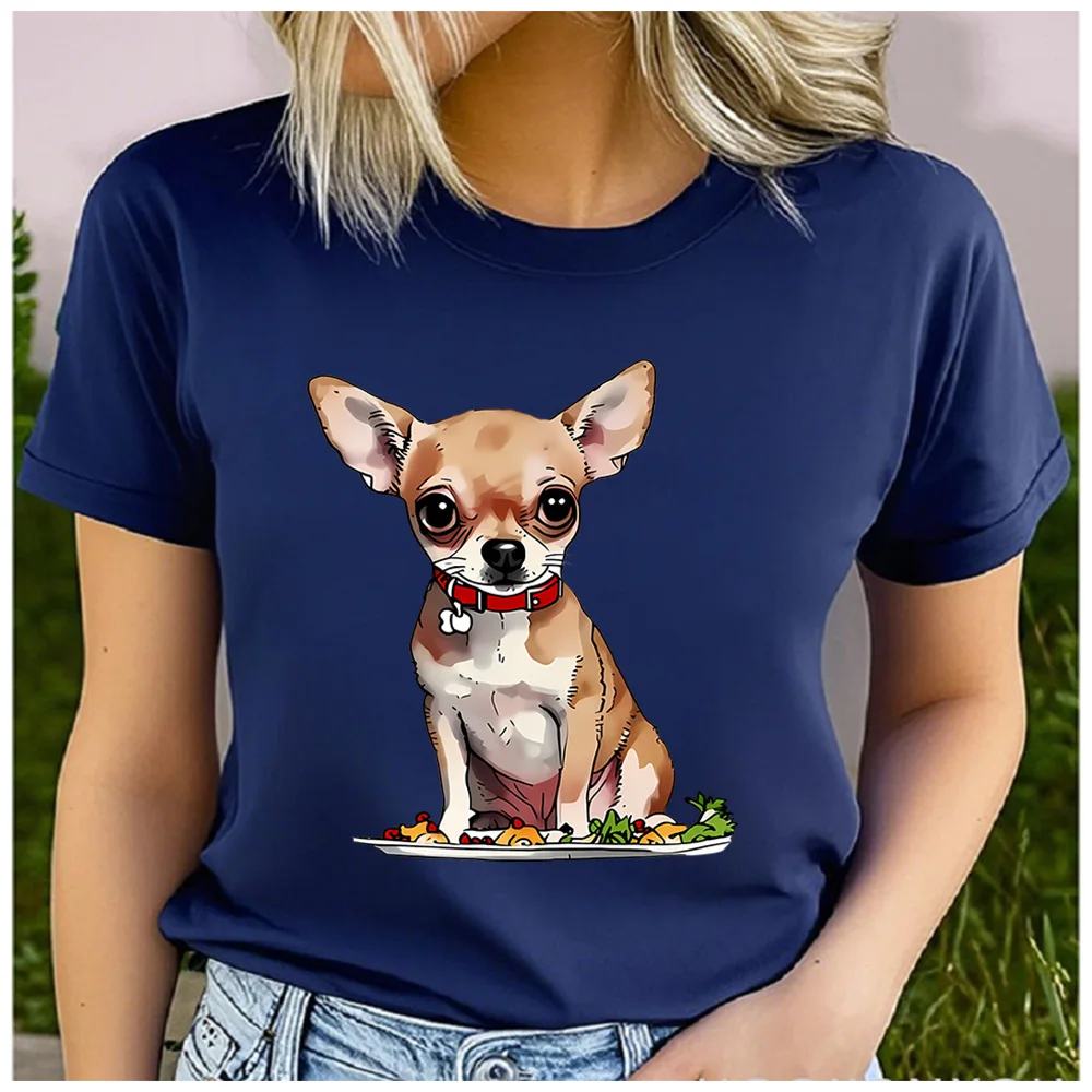 Cotton 100% Cute Chihuahua On Plate Graphic Women Navy T Shirt Dog Lover Summer Short Sleeve Casual Tee Tops