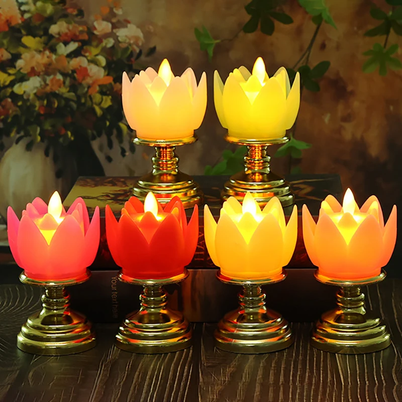 LED Lotus Light แบตเตอรี่ดําเนินการสีสันสดใสแสงธรรมชาติพระพุทธรูปโคมไฟสวดมนต์ Flicker เทียน LED โคมไฟชาตกแต่งวัด