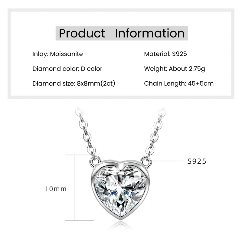 IOGOU العصرية شكل قلب 2.0 قيراط مويسانيتي سوليتير الماس قلادة قلادة للنساء الفضة 925 حفل زفاف مجوهرات هدية