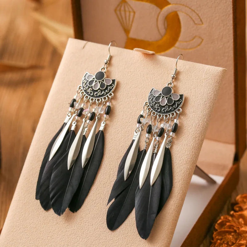 Neue Tropfen Öl Fanförmige Feder Ohrringe für Frauen Mode Böhmischen Lange Silber Farbe Metall Reis Perle Baumeln Ohrring Schmuck – Detail 11