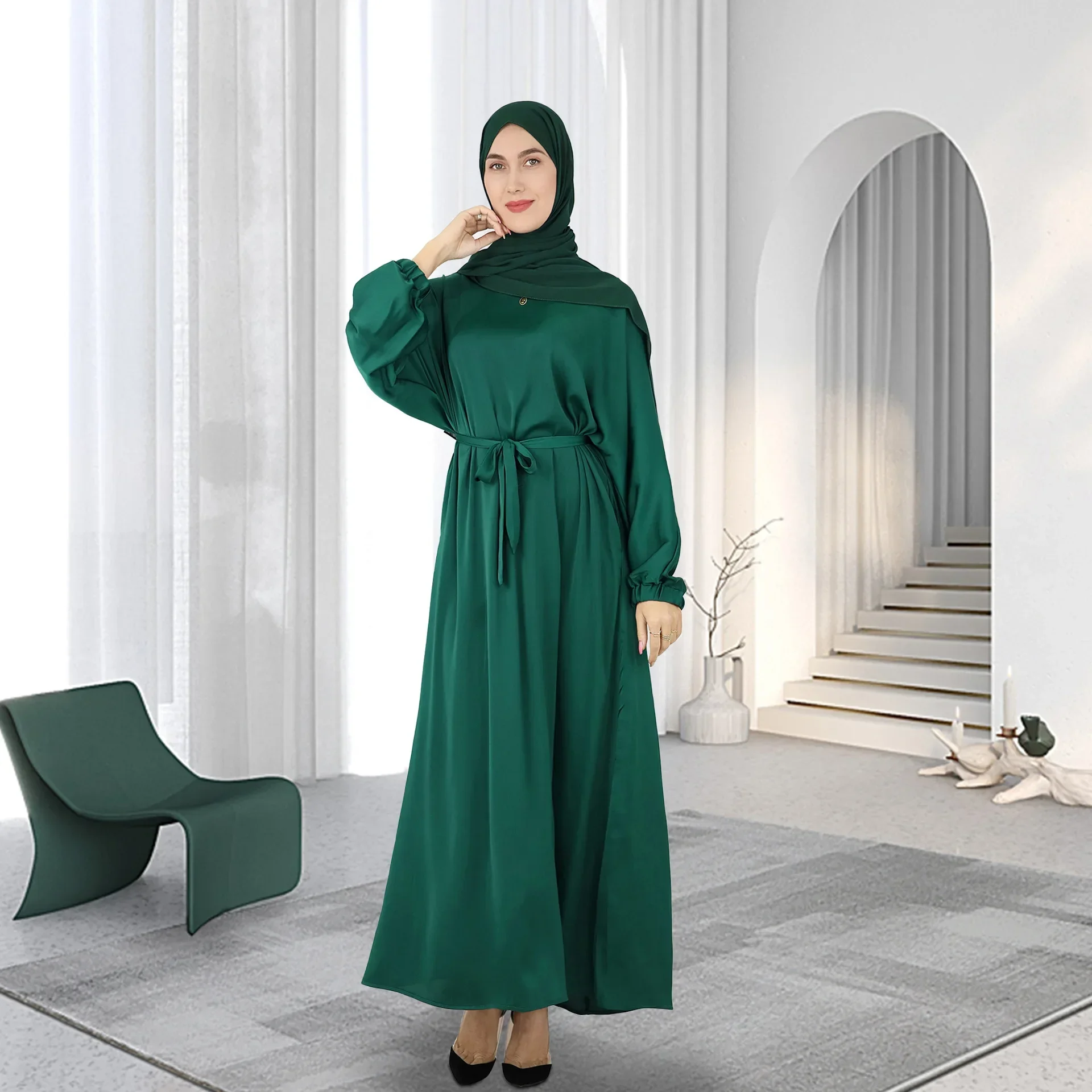 

Eid Satin Abaya Dubai Muslim Long Dresses for Women Plain Abayas Luxury Belted Modest Party Dress Islamic Turkey Hijab Kaftan