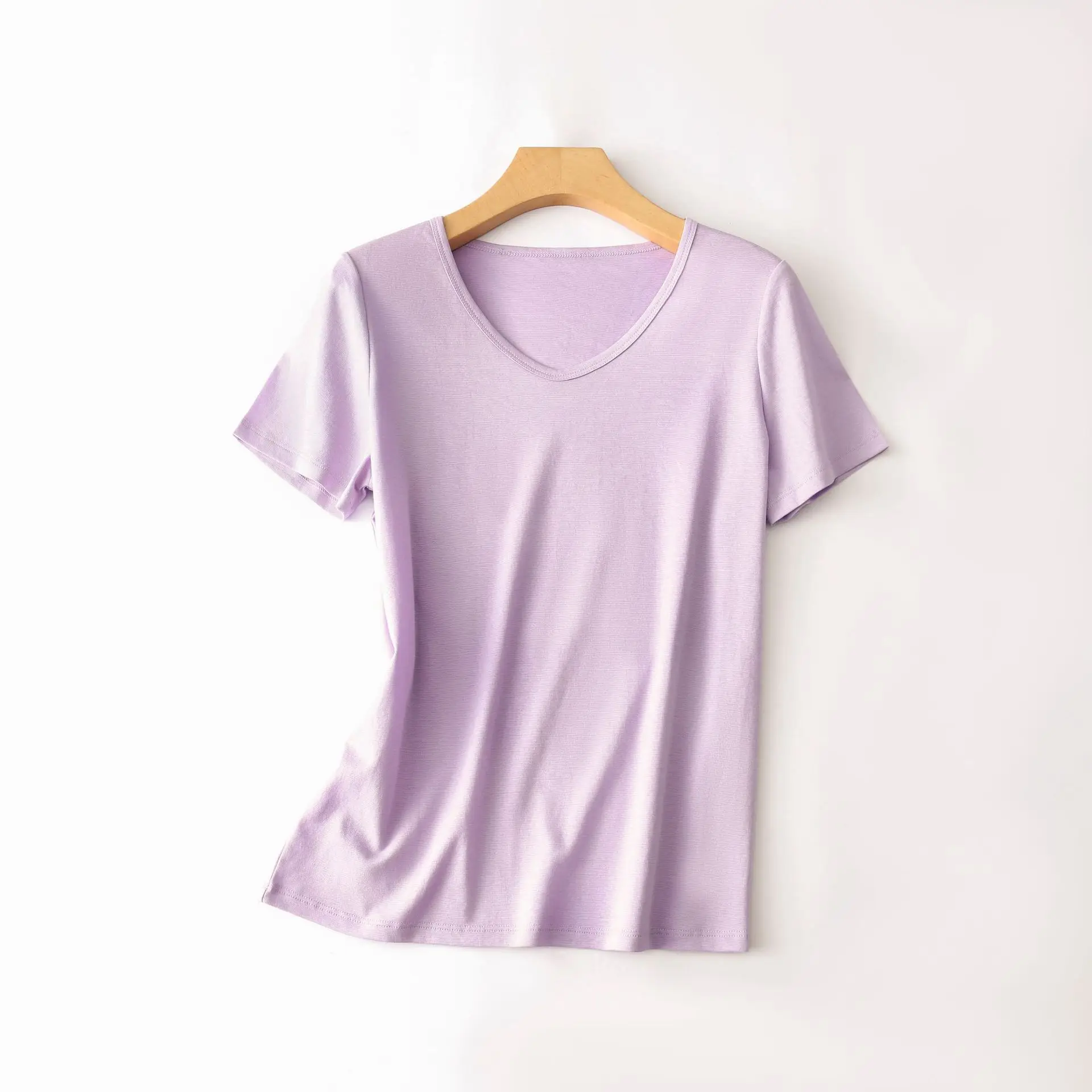 J040   Cool T-shirt V-neck women with solid color base shirt short-sleeved women mercerized cotton top women's T-shirt