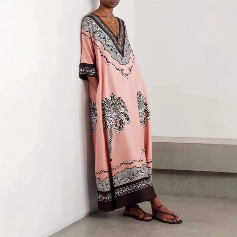 

Boho Pink Fashion Print Summer Maxi Dress Deep V-neck Half Sleeve Loose Casual Vacation Long Dresses For Women 2025 Autumn New