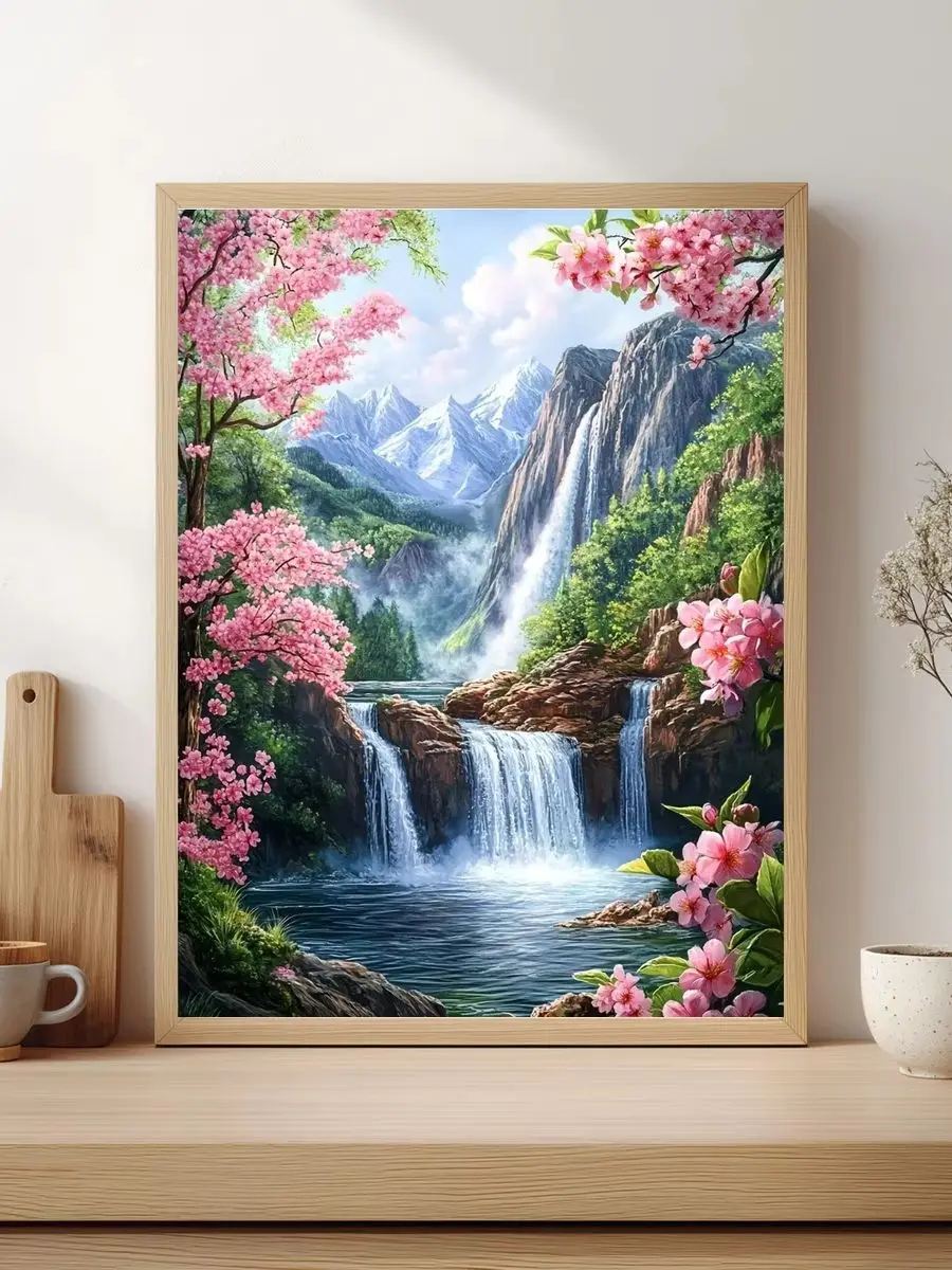 1 Stück 30x40cm/11,8x15,7 Zoll, 11Ct/14Ct Kreuzstich-Set, DIY Valentinstagsgeschenk, Stickerei-Set für Festlichkeiten, Pfirsichblüten-Wasserfall – Detail 1