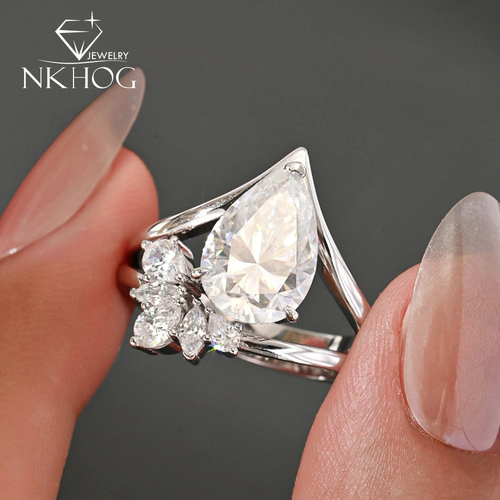 

Кольца из серебра S925 с муассанитом в форме капли воды NKHOG 4CT для женщин, роскошные обручальные кольца с лабораторными бриллиантами, покрытие 18K, сертифицированные ювелирные изделия
