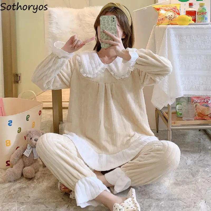 

Flannel Daily Homewear Pajama Sets Women Sweet Leisure Korean Style Loose Cozy Single Breasted Warm Design Female Fashion Retro