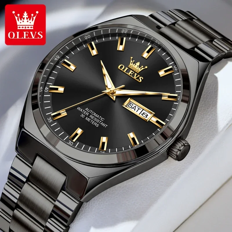 

Olevs 9907 fashion mechanical watch stainless steel watchband round-dial wristwatch week display calendar