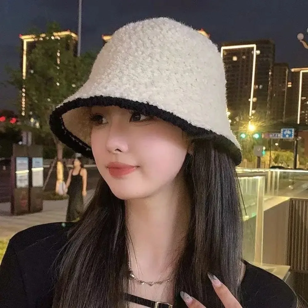 Polyester Fiber Knitted Bucket Hat Windproof Warm Women Fisherman Hat Korean Style Solid Color Wool Basin Cap Autumn Winter
