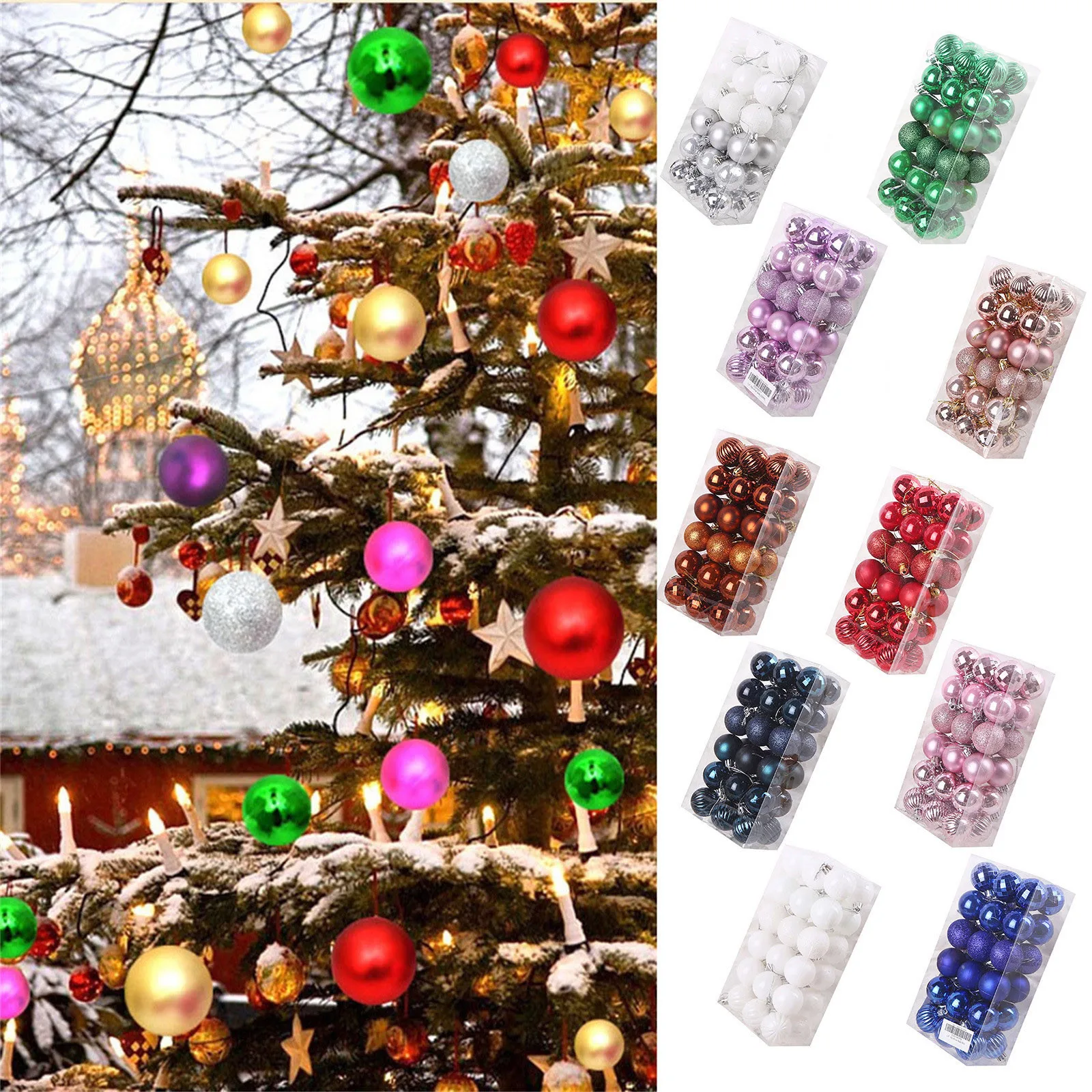 Christmas Tree Bauble 4cm 36pc Plastic Xmas Ball Ornament Set For Home Party Hanging Decoration 6 Style Design Chrimbo Pendants