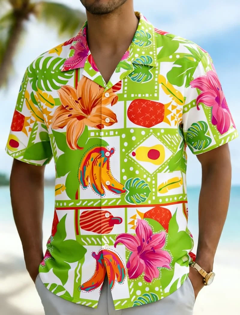 Men's Fun Geometric Tropical PrintShirt, Versatile Casual Wear for Daily Commute, Office Casual, Summer Vacations & Beach