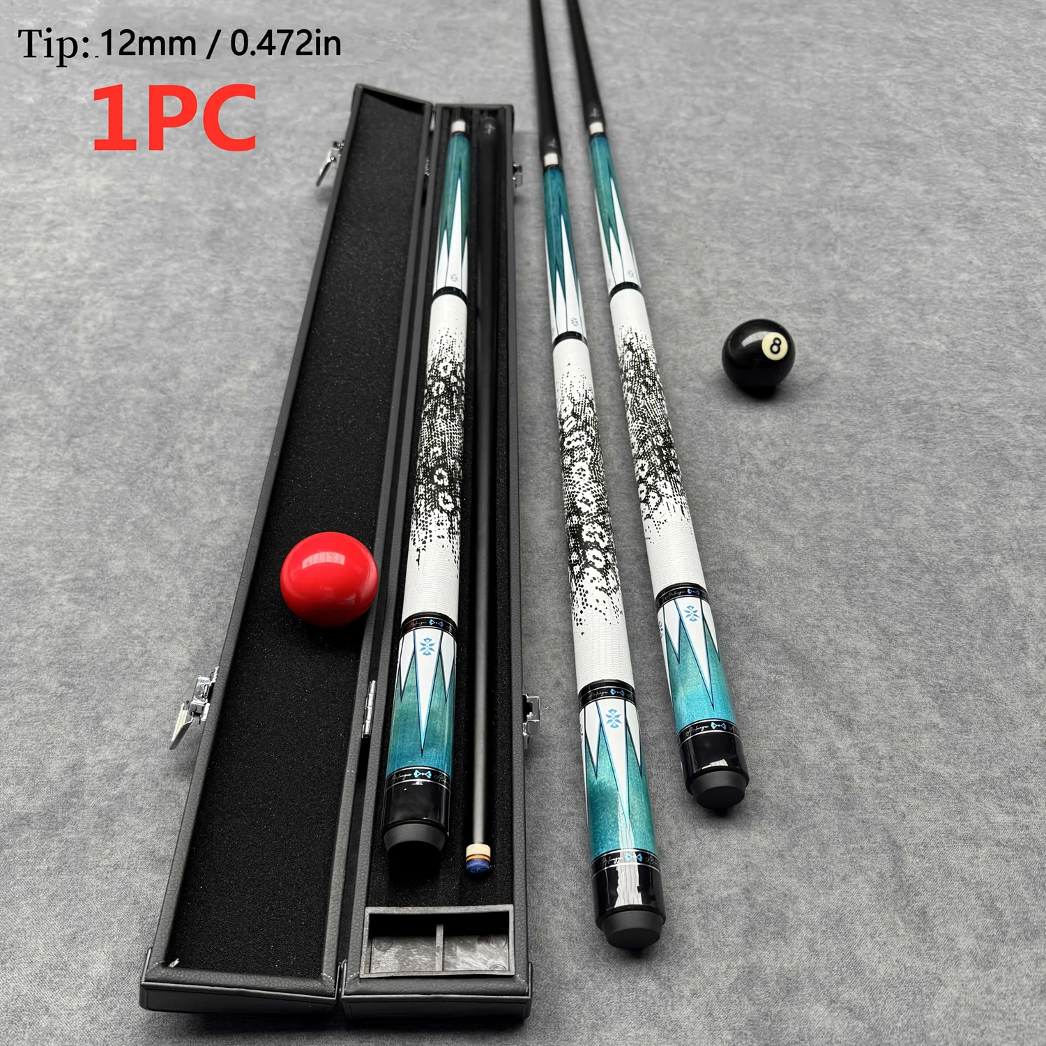 Premium Glass Fiber Billiard Cue With Lizard-Texture Anti-Slip Grip. 12mm Tip, 147.5cm Length, 19oz Weight, Comes With Cue Case.