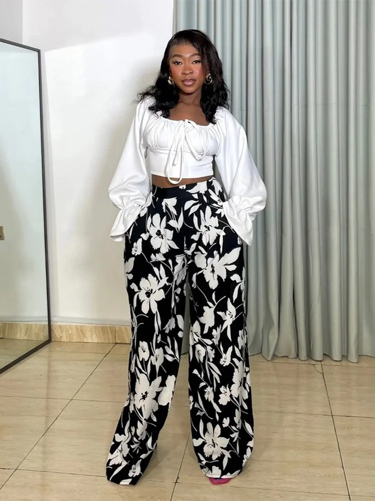 

Wmstar Set Women Wholesale A Fashionable Casual Comfortable Twopiece Long Sleeved Top Paired with Loose Printed Wide Leg Pants