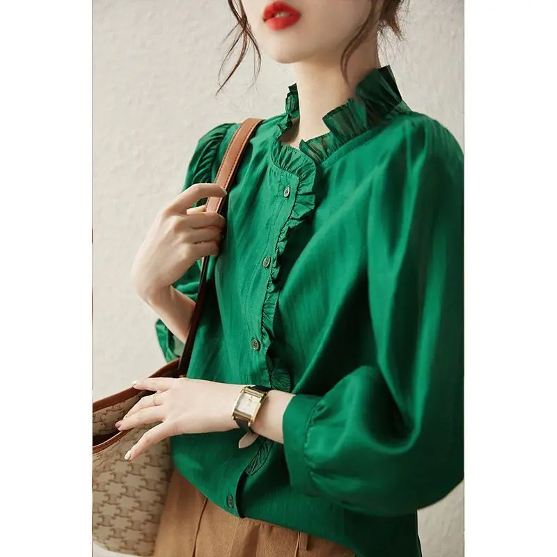 Women Korean Fashion Ruffle Button Shirts Elegant Chic Stand Collar 3/4 Sleeve Blouse Vintage Solid Loose Tops Blusas Mujer 2024