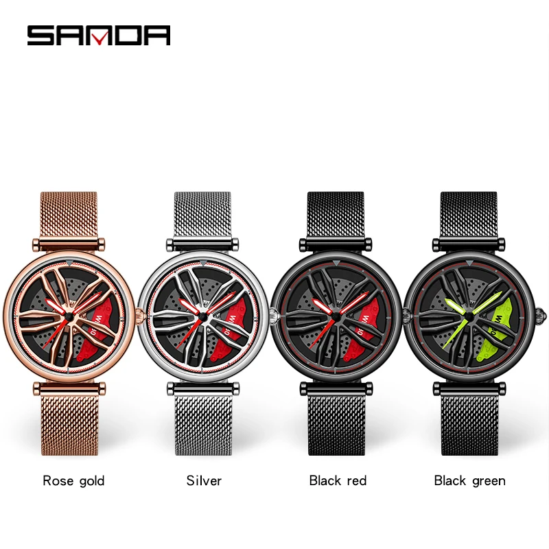 SANDA P1074 New Fashion Women Watches Sports Car Wheel Hub Waterproof Watch 360 Rotating Dial Stainless Lady Quartz Wristwatches