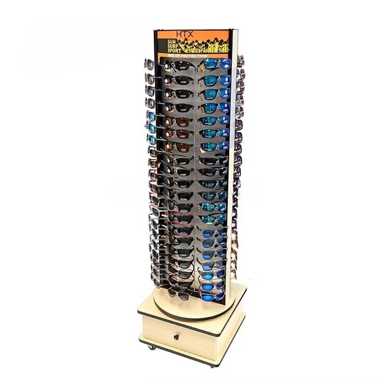 

Custom free standing 2-way wooden rotating sunglasses display stand with storage drawers and wheels