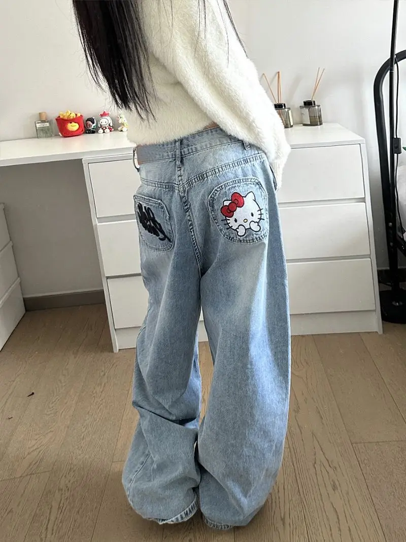 Y2K Jeans Hello Kitty Sanrioed Anime Kawaii Frühling Hohe Taille Hose Frauen Japanischen Stil Stickerei Look Dünn Student Lose
