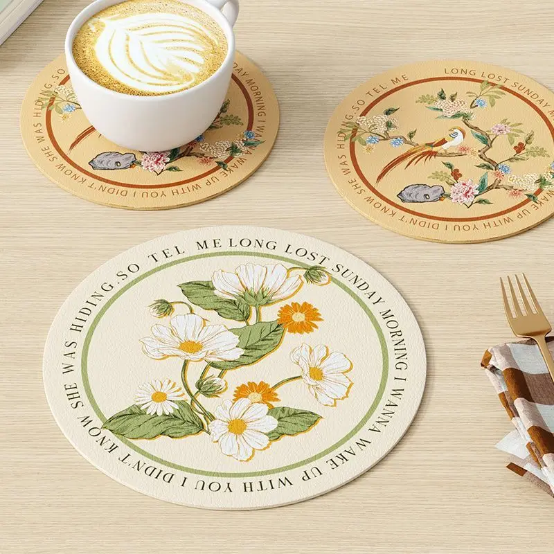 2/4/6PCS Dining Mat Anti-scalding Flowers Pattern Coffee Table Round Mat Heat Insulation Pad Light Luxury Oil-proof Pvc Leather