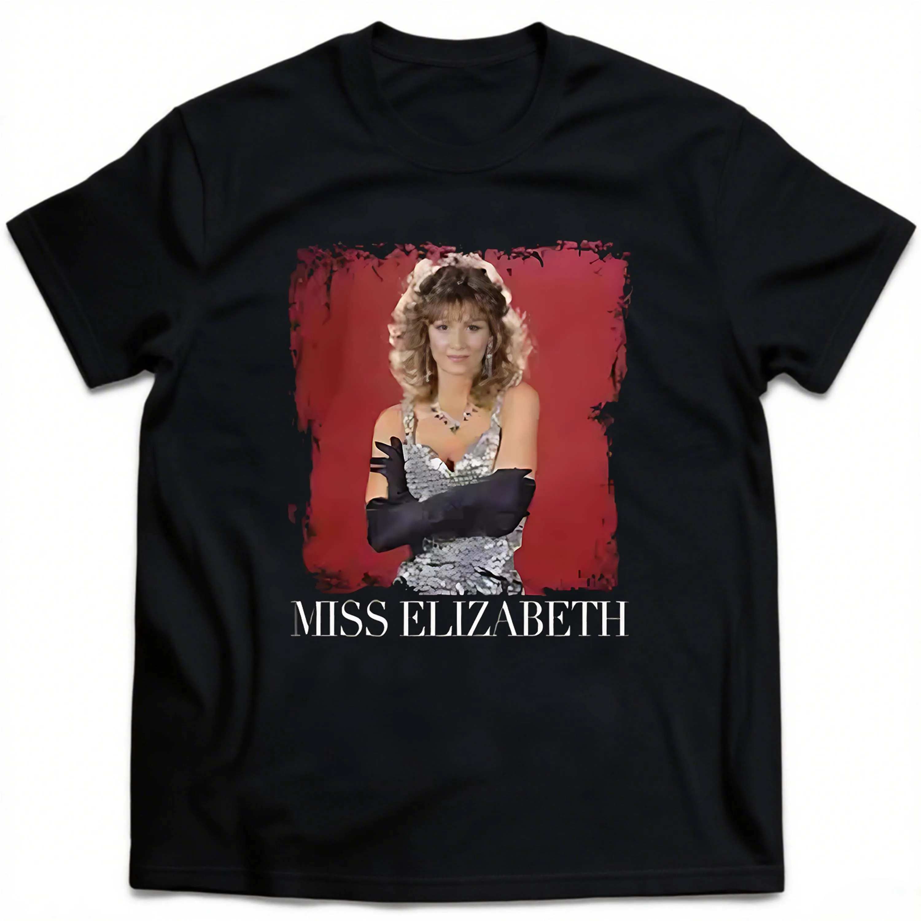 Camiseta masculina preta plus size de manga curta com padrão “Miss Elizabeth” adequada para lazer ao ar livre no verão