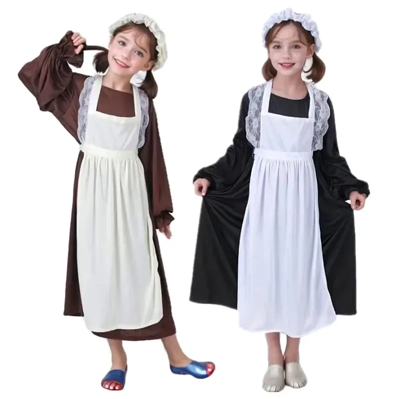 

Girl Apron Maid Costume Costume Vintage Style Black Coffee Lace Dress Ethnic Luxury Holiday Party Dress Fashion Casual Dress Up