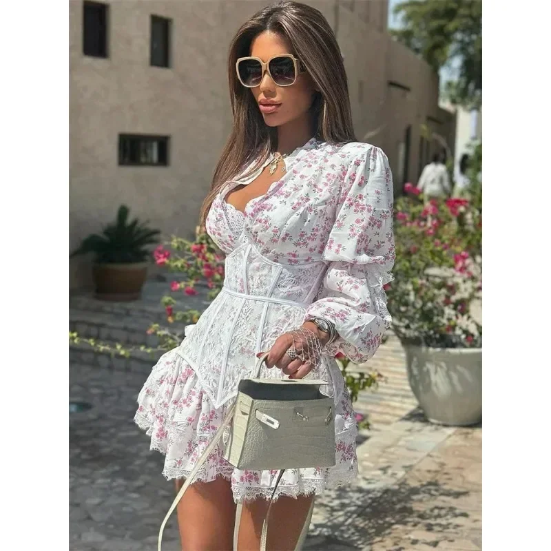 High Waist Long Sleeve Splice Contrast Slim Fit Bandage Party Dress V-Neck Printed Mini Lace Dress Female Ruffled Fashion