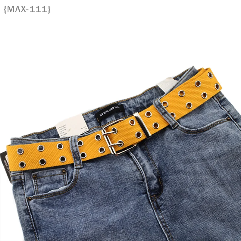 【MAX-111】【xxx】Damski pasek z nylonu i płótna z ćwiekami, oczkami i dwurzędową klamrą, 105 cm【W1】