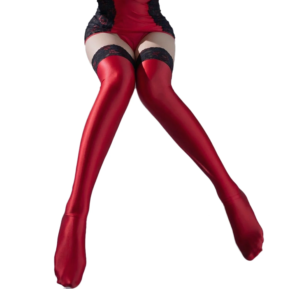 Sexy Women Lace Patchwork Stockings Vintage Stain Smooth Oil Glossy Shiny Elastic Tights Shaping Thigh High Over The Knee Socks
