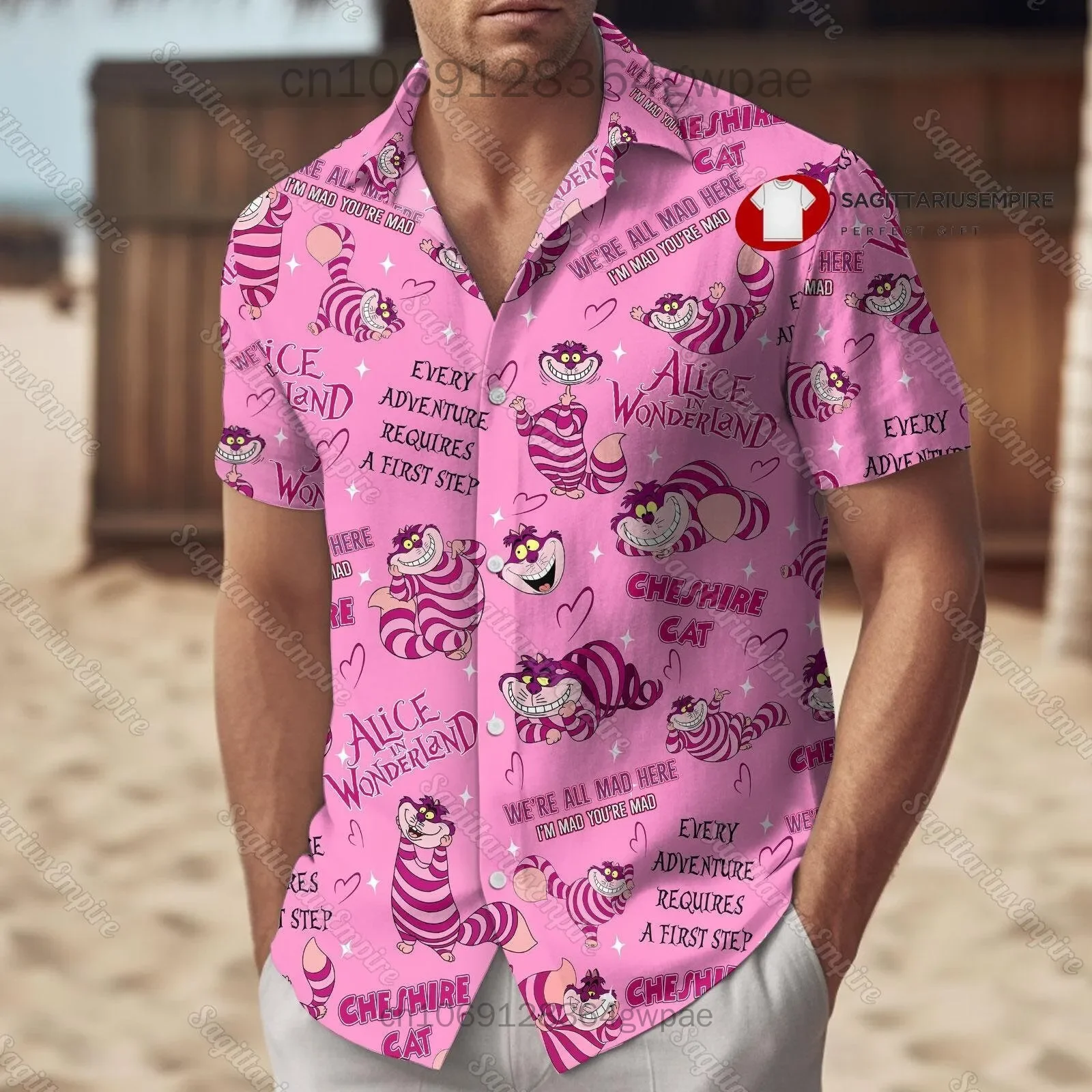 Camisa havaiana masculina e feminina Disney Cheshire Cat, blusa casual de manga curta, camisa de botão, camiseta de praia, verão