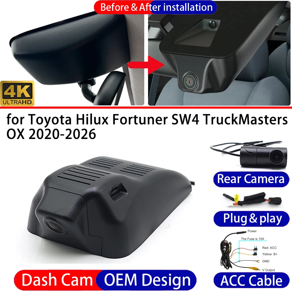 Dash Cam for Toyota Hilux Fortuner SW4 TruckMasters OX 2020-2026 Front＆Rear 4K DVR Dashboard Camera Video Recorder Parking Mode