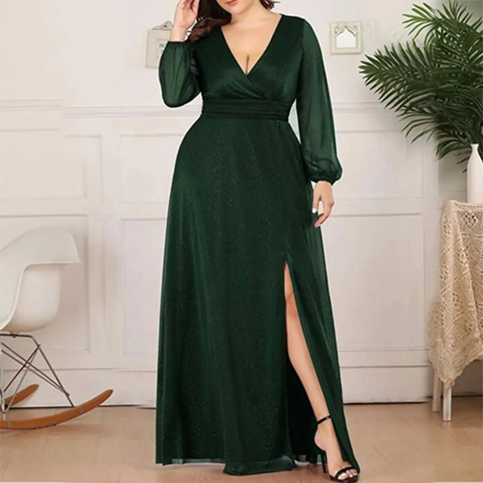 2024 New Sexy V-Neck Long Sleeve Slit Dresses Fashion Plus Size Women Elegant Mesh Splicing Solid Color Evening Party Dresses