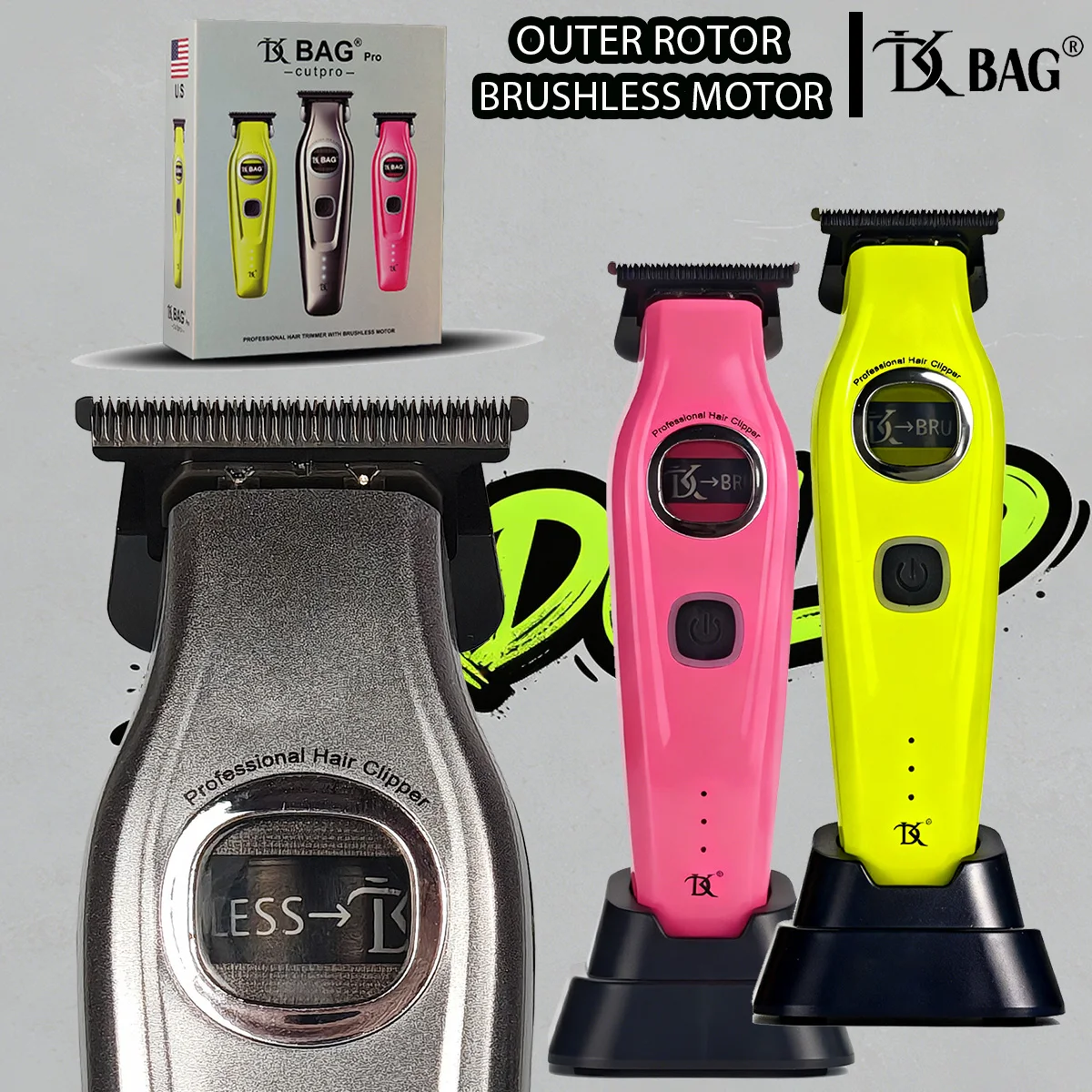 

Outer Rotor Brushless Professional Men's Hair Trimmer Barber DLC Scalelike Blade Base Charger Hair Finishing Clipper