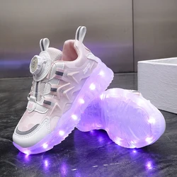 Children's Casual Sports Shoes with Rotating Button Two Wheel LED Lights USB Charging Training Shoes Kids Sneakers