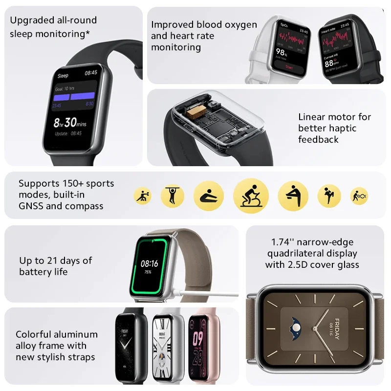 Versão Global Xiaomi Smart Band 9 Pro com tela de 1,74'' e vidro de cobertura 2.5D, suporta mais de 150 esportes e até 21 dias de duração da bateria.