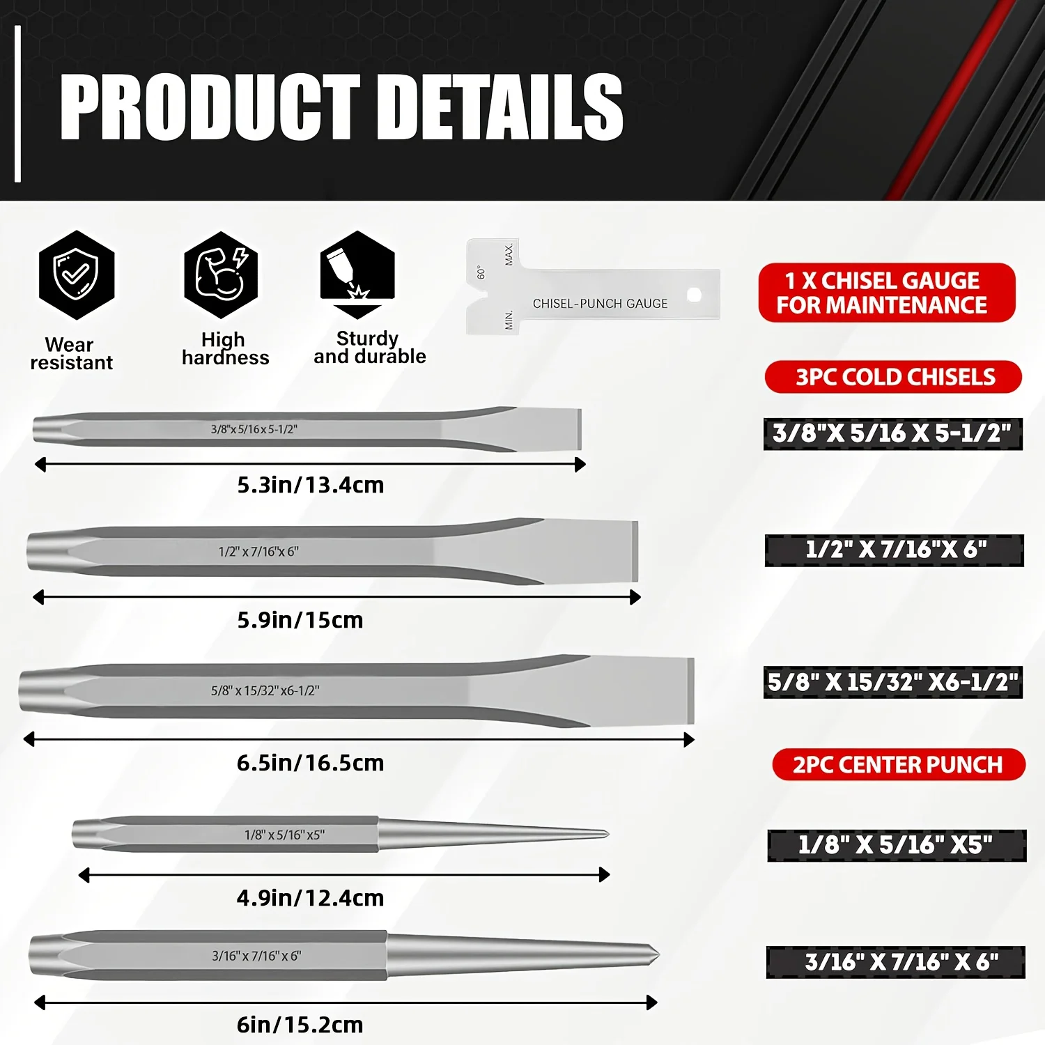 16Pcs Punch and Chisel Set With Storage Pouch, Including Taper, Cold Chisels, Pin, Center, Chrome Vanadium Steel