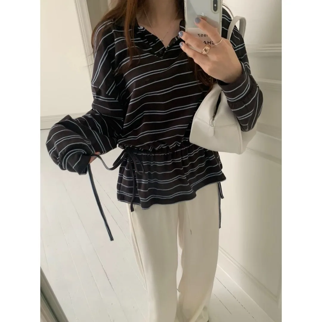 East Gate Inizio autunno pigro casual Faion design a righe con cintura in vita Ne T-shirt da donna Primavera Estate Autunno Inverno