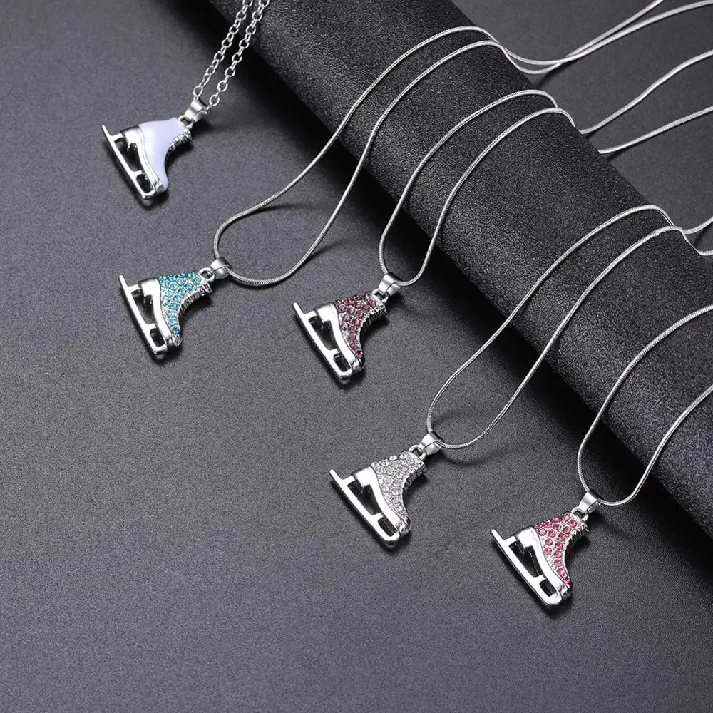 Skyrim 3D Crystal Ice Skate Figure Skating Pendant Skater Necklace Sliver Color Long Necklaces Jewelry for Teens Girl Women Gift