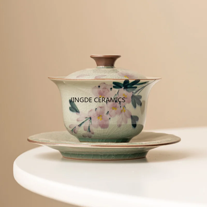 Hand Painted Magnolia Flowers Ceramic Opening Gaiwan For Tea Green Tureen Teaware Set Chinese Tea Bowl Chawan Lily Deng's Store