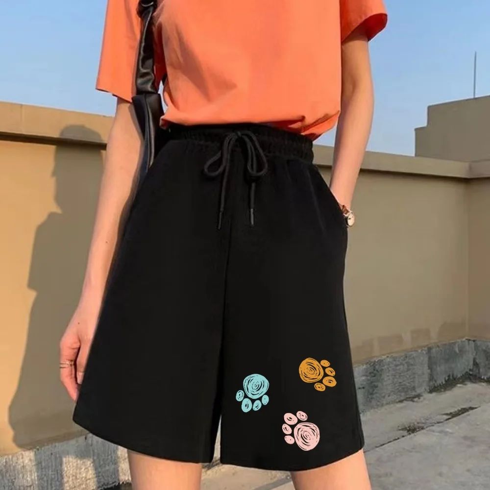 Women's Harajuku Shorts Footprint Series Printed Clothing Loose Sweatpants Fashion Casual Sports Loose Ladies Black Shorts