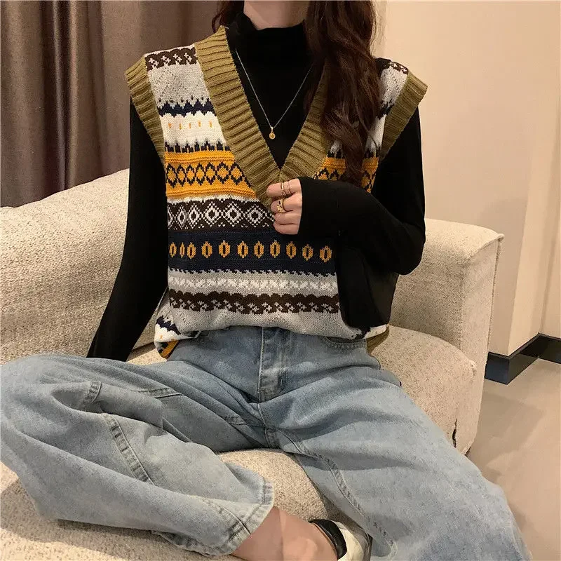 

Женский весенне-осенний новый свободный вязаный пуловер с этническим принтом, жилет без рукавов с v-образным вырезом, винтажный жаккардовый стиль в консервативном стиле